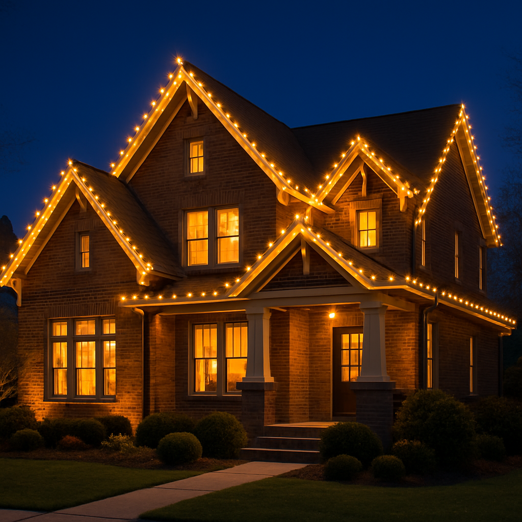 Example AI mockup of a home with warm white Christmas lights